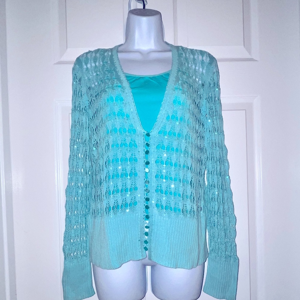 Cache Silk Cardigan with Sequins and Tank Top in a beautiful Aqua Color